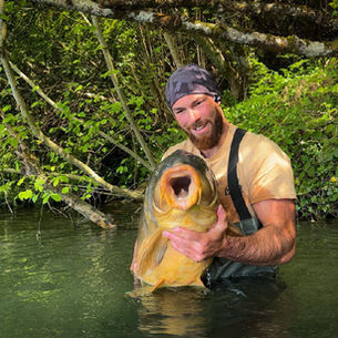 Un homme qui tient une grosse carpe dans l'eau 
