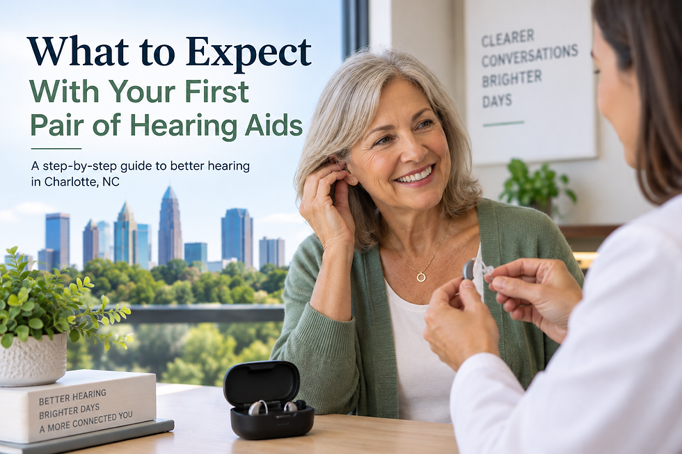 Older woman trying her first hearing aid during a fitting with a hearing care professional in Charlotte, NC.