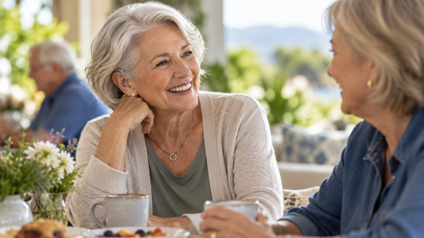 Older woman wearing a hearing aid enjoying a conversation with a friend, representing healthy aging and better hearing.