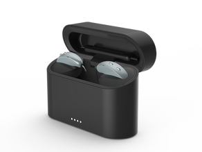 Sleek rechargeable hearing aids nestled in their compact charging case.