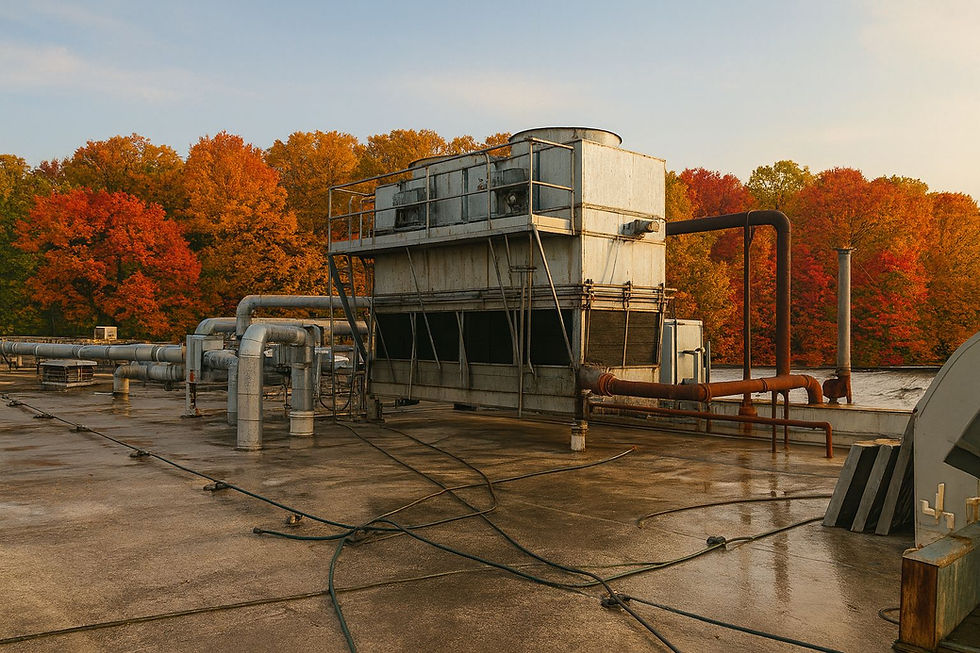 "Commercial rooftop cooling tower with autumn trees in background, ready for seasonal shutdown and winter maintenance in Minneapolis–St. Paul."