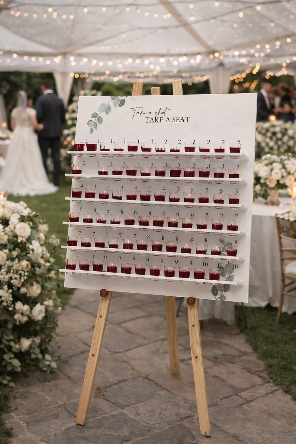 Sitzplan aus Acrylglas mit Shotgläsern für eine Hochzeit