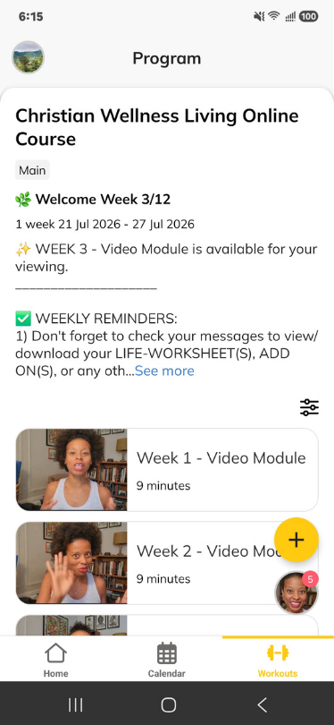 Real Christian Wellness Living course modules inside the wellness app