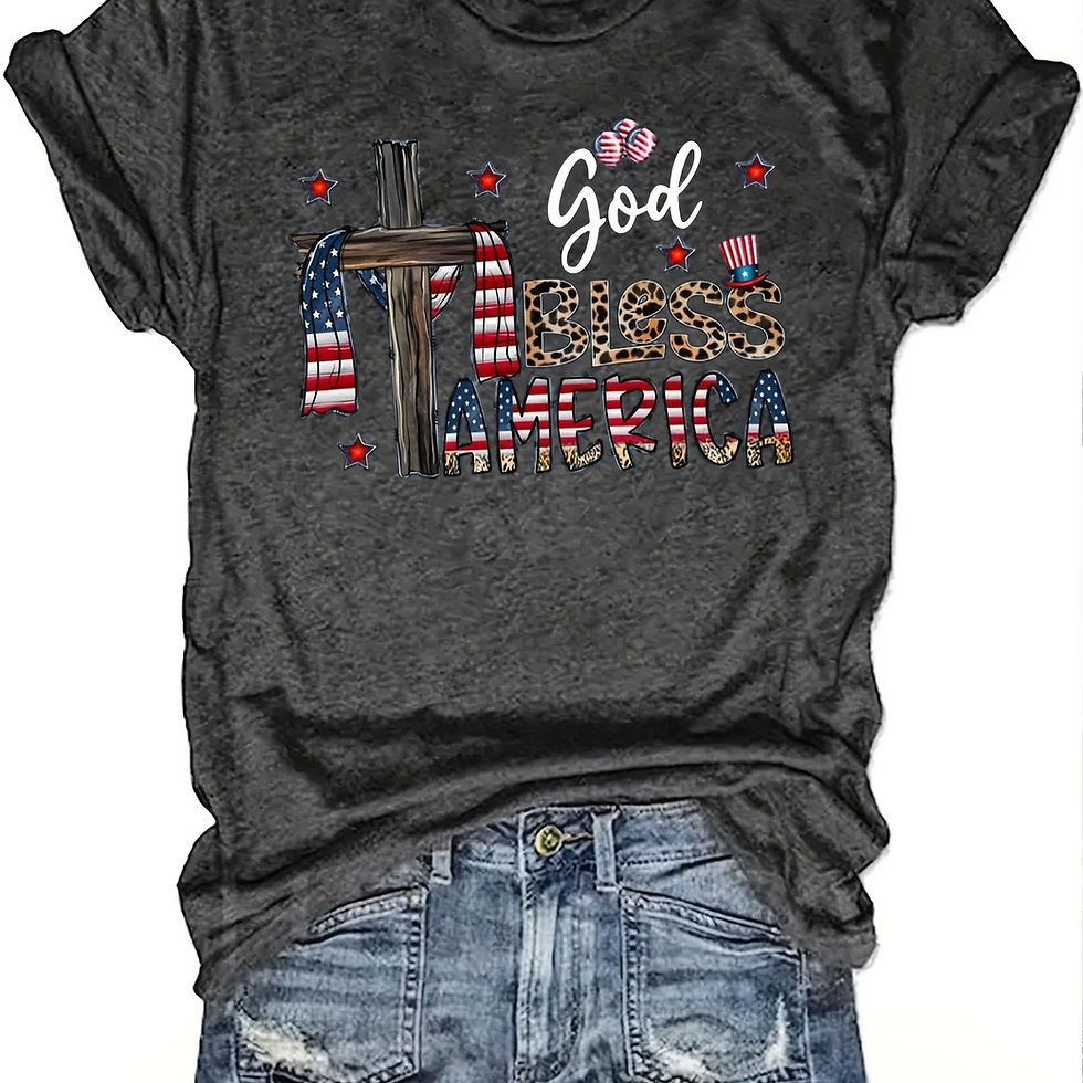 Women's Patriotic T-Shirt | God Bless America Graphic Tee | Blend with Rayon & P