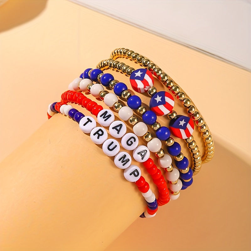 6pcs Patriotic American Flag & Maga Trump Letter Beaded Bracelet Set - Stretchy 