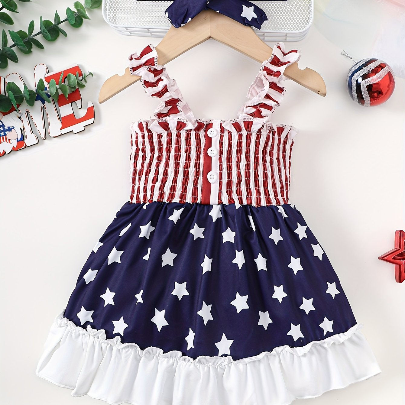 Baby Girl Sleeveless Dress Featuring The American Flag Design, with Stripes And
