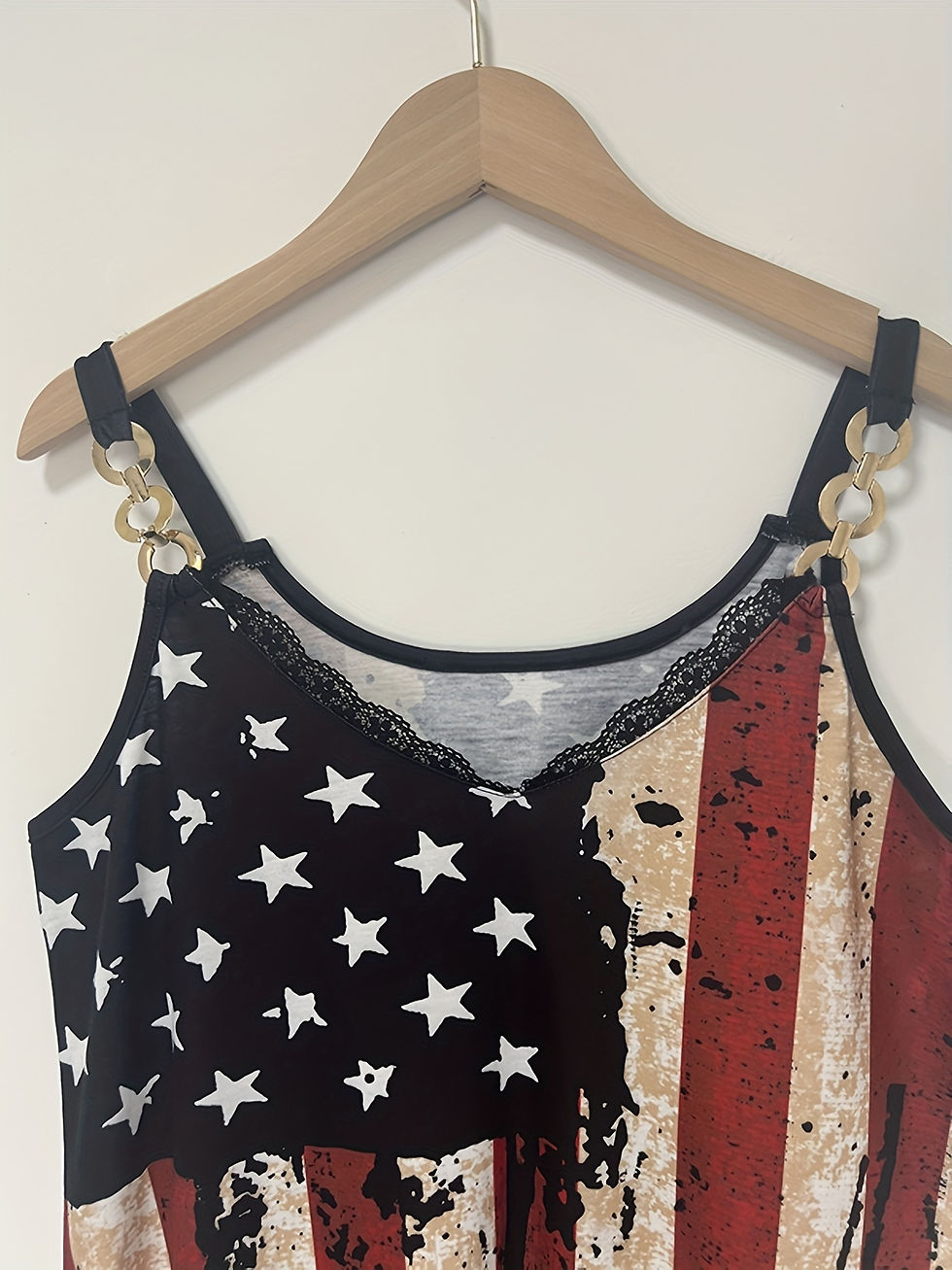 Thumbnail: Vintage American Flag Print V-Neck Cami Top - Soft Micro Elasticity, Contrast La