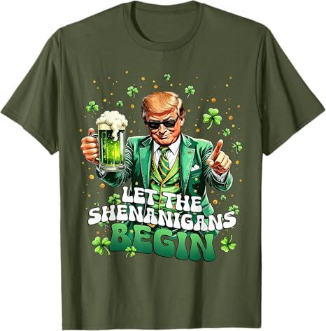 Thumbnail: Let The Shenanigans Begin Funny MAGA St Patrick's Day T-Shirt Irish US Flag Lepr