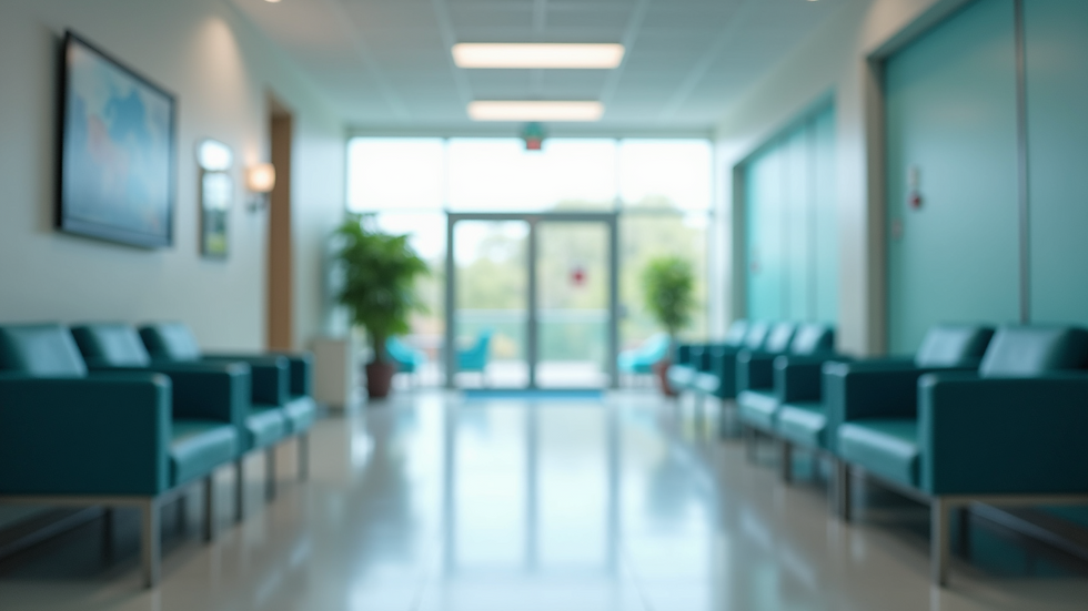 Eye-level view of a modern hospital waiting area with comfortable seating