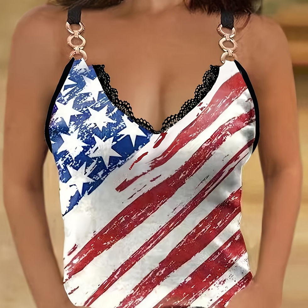 Thumbnail: Vintage American Flag Print V-Neck Cami Top - Soft Micro Elasticity, Contrast La