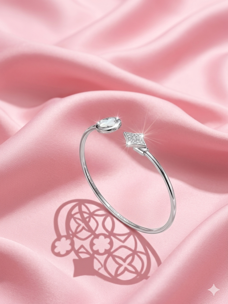 Elegant Clover & Star Sterling Silver Open Cuff Bracelet for Women