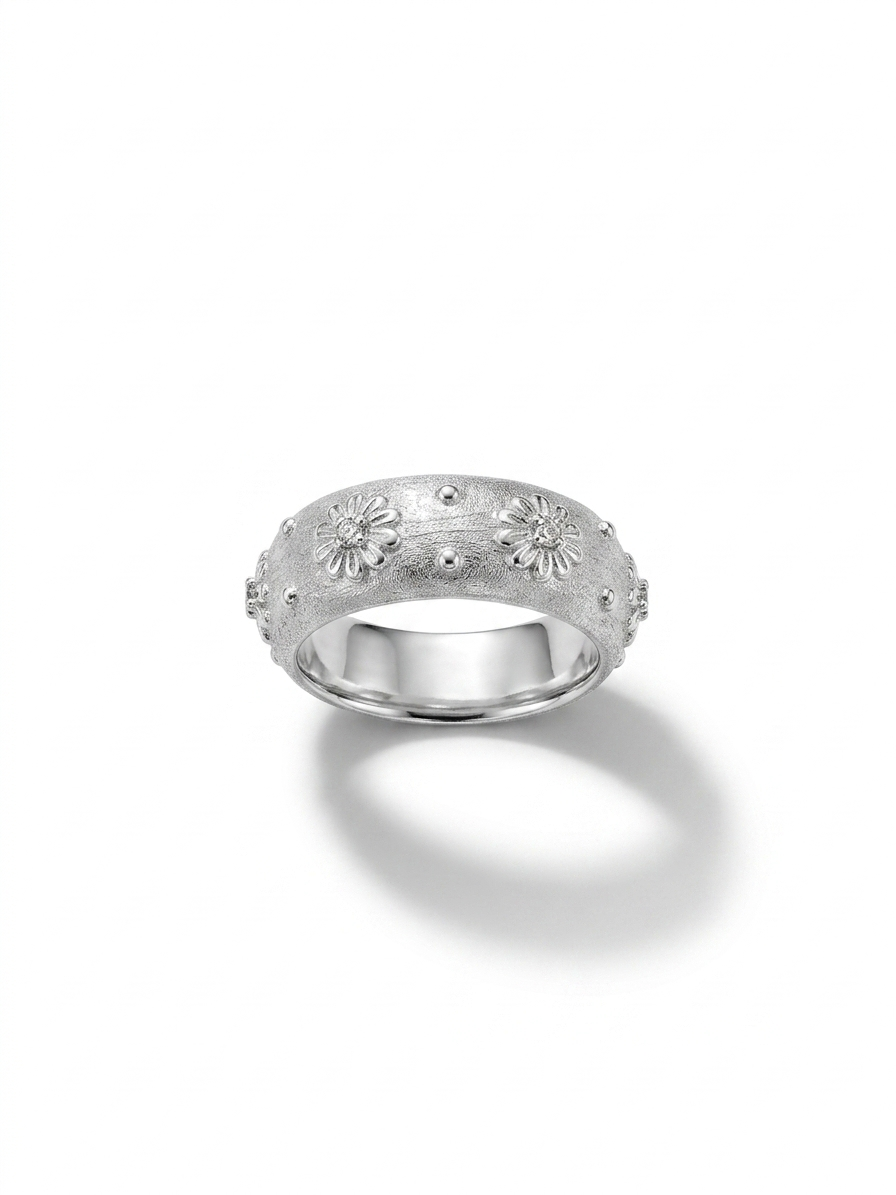 Textured Floral Band Ring in Sterling Silver