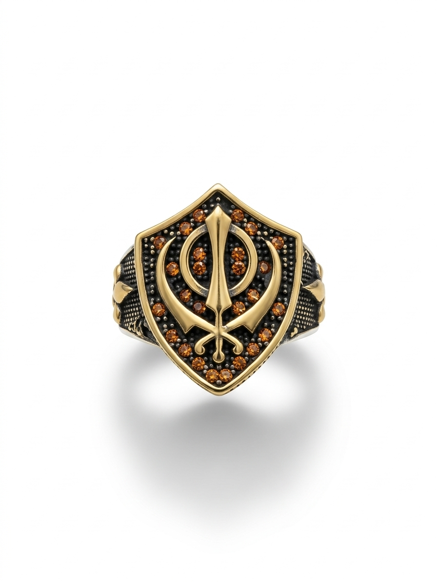 Oxidised gold finish Sikh style ring antique collection