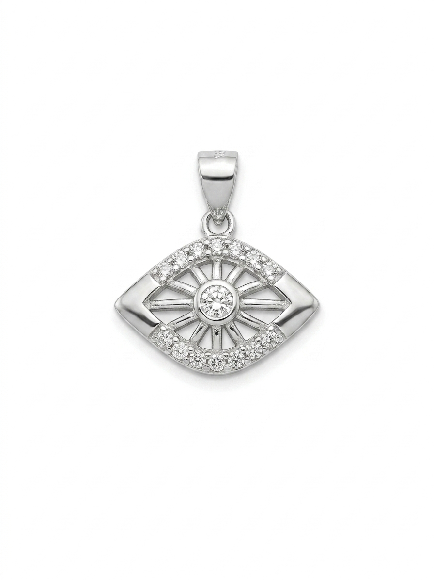 Protective Evil Eye Silver Pendant – Shimmering CZ Halo with Center Solitaire