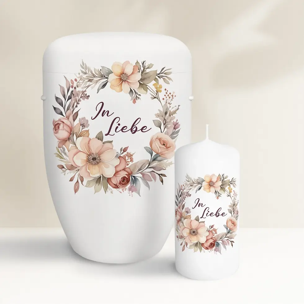 Miniaturbild: Weiße Urne mit passender Trauerkerze - floral gestaltet mit Blütenring und Schriftzug "In Liebe"