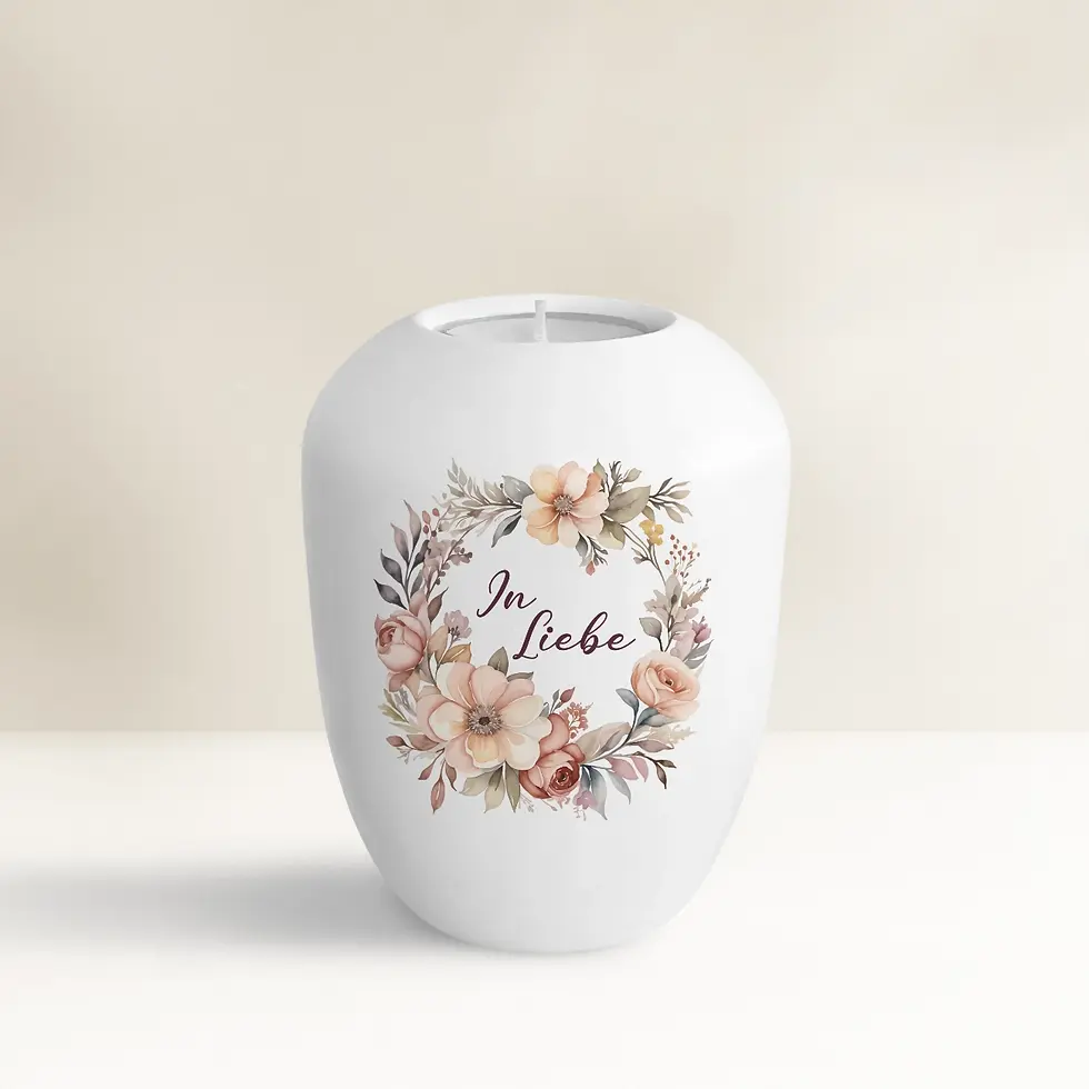 Weiße Mini-Urne aus Keramik mit Teelichthalter, floral gestaltet mit Schriftzug "In Liebe"