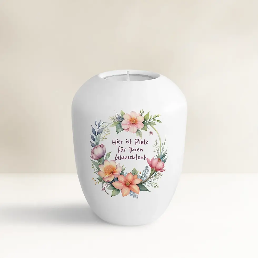 Keramik Gedenklicht in weiß mit floraler Gestaltung und Wunschtext