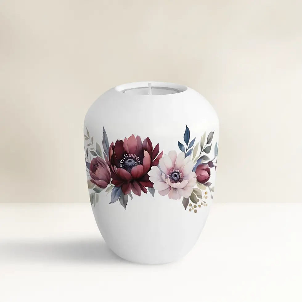 Weißes Keramik Gedenklicht, befüllbar, mit Blumenbouquet in weinrot