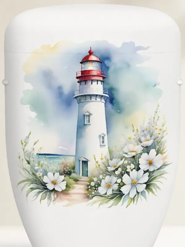 Miniaturbild: Maritime, weiße Urne mit Leuchtturm am Meer, gestaltet im Aquarell-Stil, eingefasst in weiße Blüten