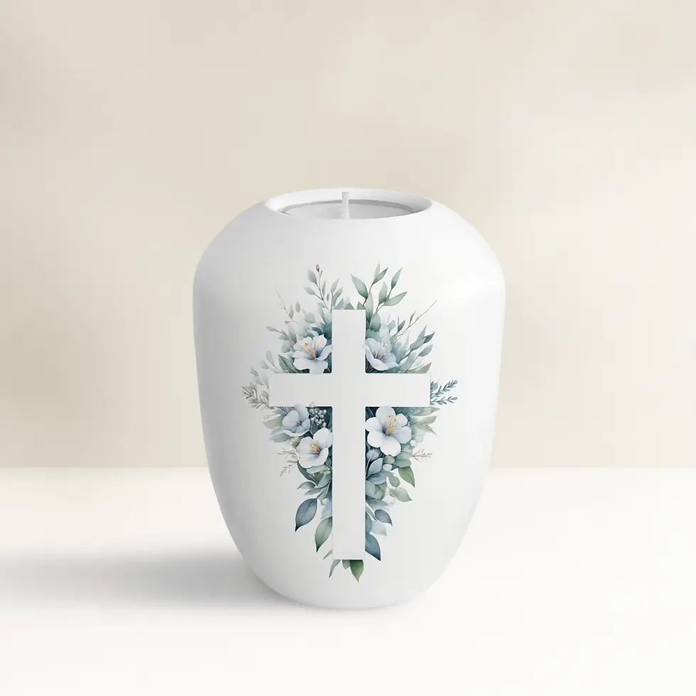 Weißes Gedenklicht aus Keramik mit christlichem Kreuz und Blüten, befüllbar zur Aufbewahrung von Andenken