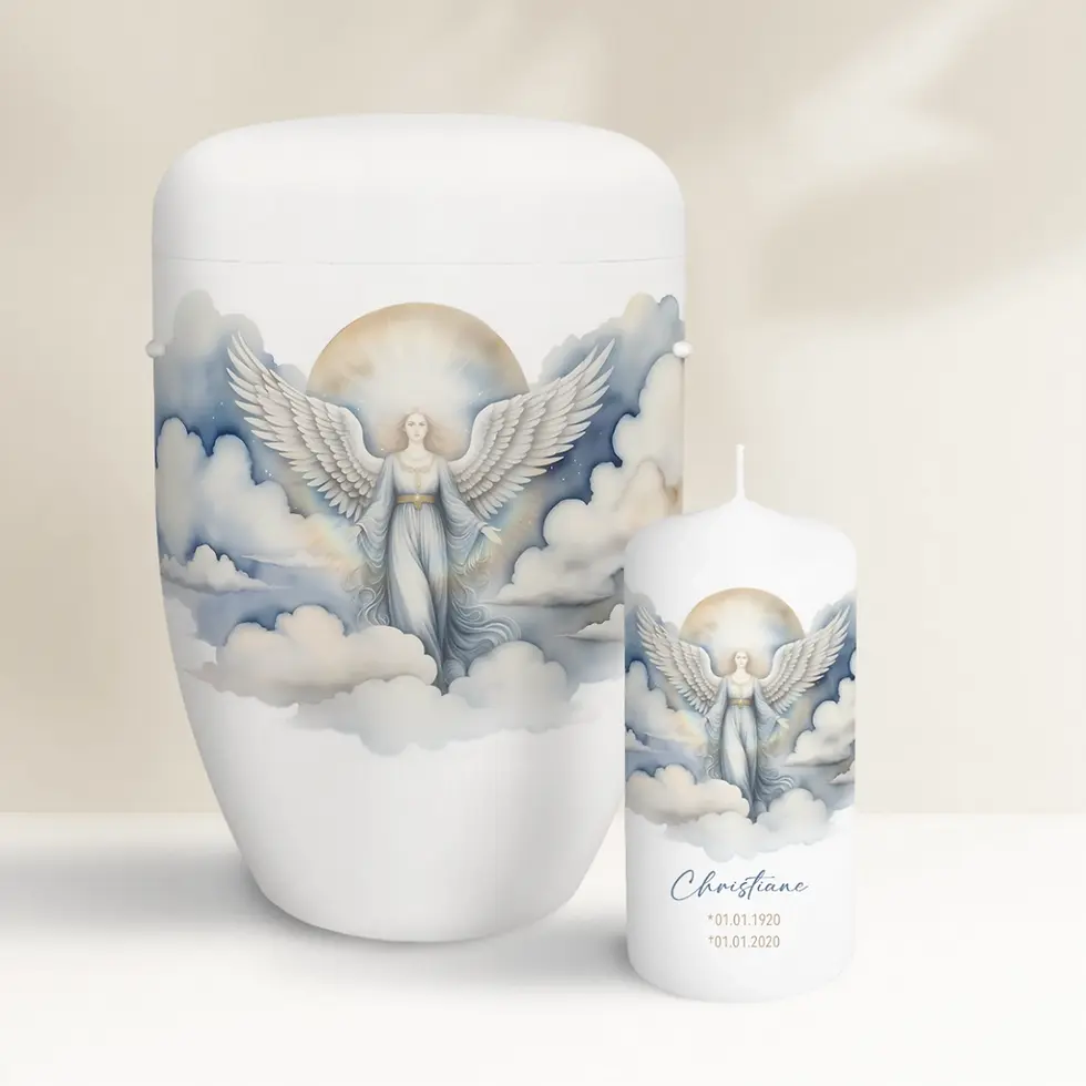 Miniaturbild: Urne mit spirituellem Engel-Motiv und Wolken - Set mit passend gestalteter Trauerkerze, personalisierbar