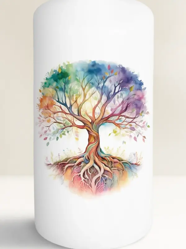 Miniaturbild: Weiße Kerze mit Lebensbaum in bunten Farben - Detailansicht