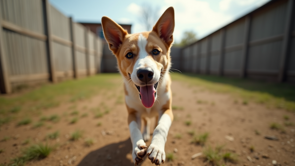 Eye-level view of a happy dog playing in a shelter yard