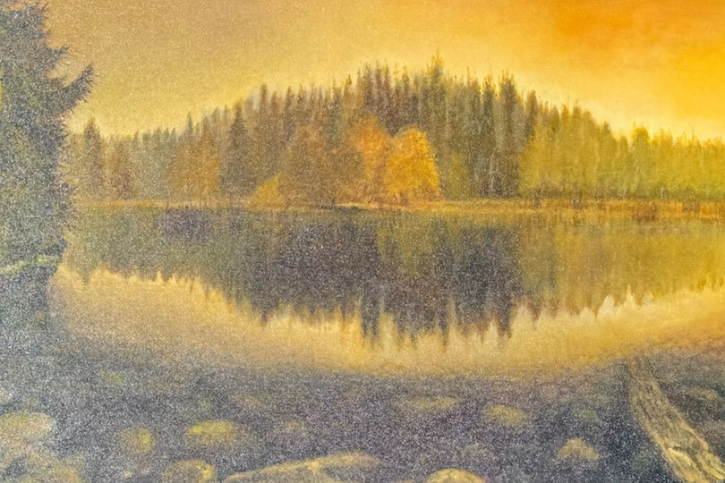 This oil painting, with its warm yellow tones and tranquil sunset scene