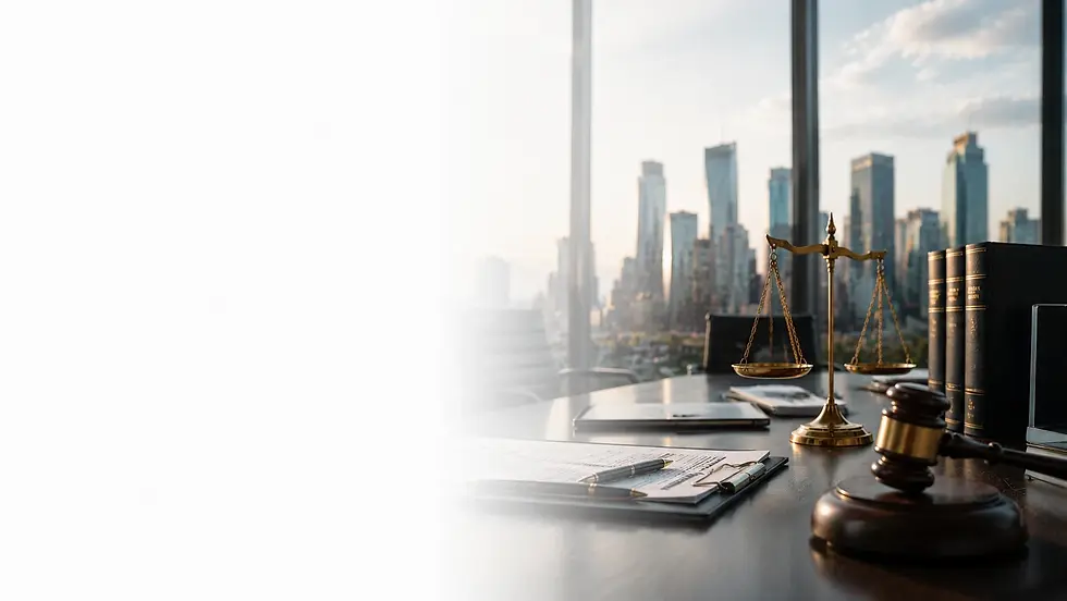 Litigation and dispute resolution law office with gavel, scales of justice, legal documents, and city skyline background.
