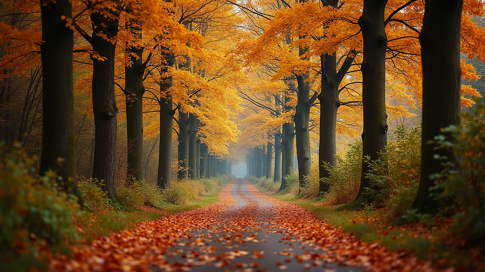 Eye-level view of a serene forest path covered in autumn leaves