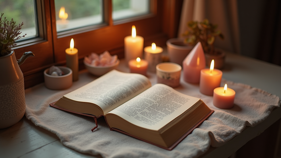 High angle view of a serene reading space with candles and crystals
