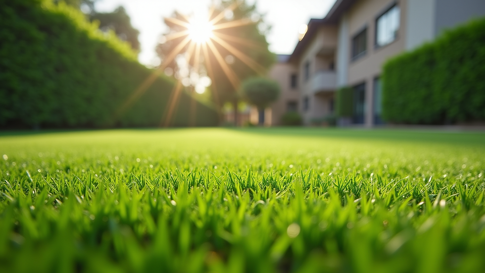 Eye-level view of a clean and fresh artificial turf lawn