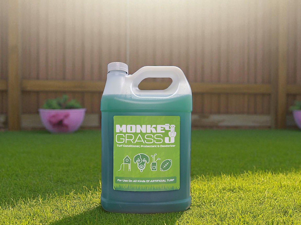 A vibrant artificial turf lawn with a 1 Gallon Bottle Of Monkey Grass!