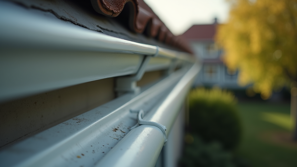 High angle view of a residential property with well-maintained gutters