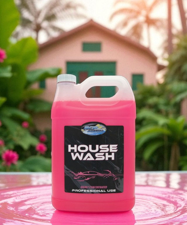 Close-up view of the House Wash bottle with droplet effects