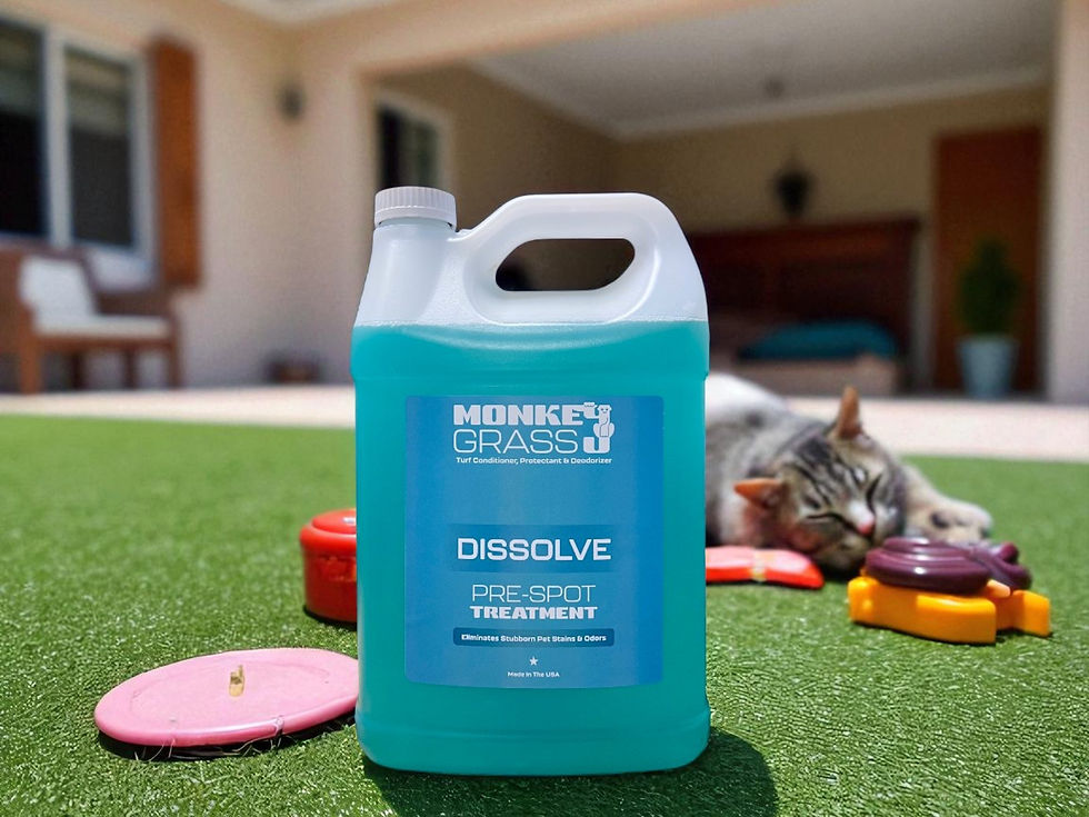 Close-up view of artificial turf with a cleaning solution being applied