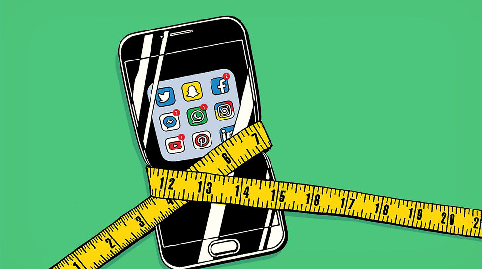 Stock image of a cell phone with social media apps being tightly wrapped by a measuring tape.