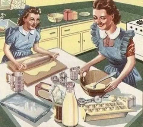 Mom and daughter in a vintage kitchen bake together, one rolling dough and the other mixing batter amid bowls, milk, and pans.