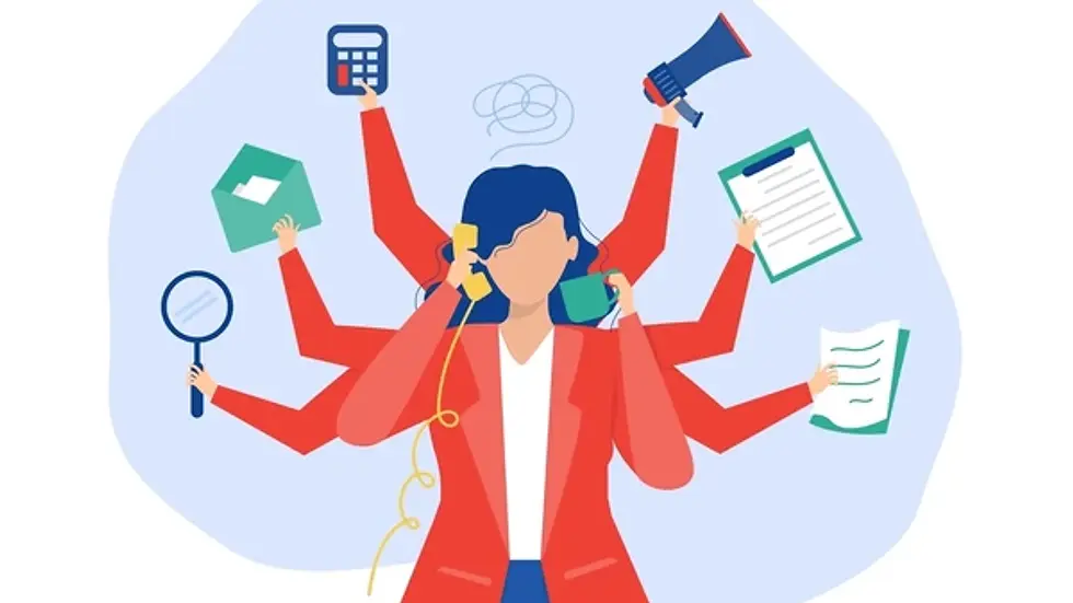Stock image of busy woman trying to do many things at once.