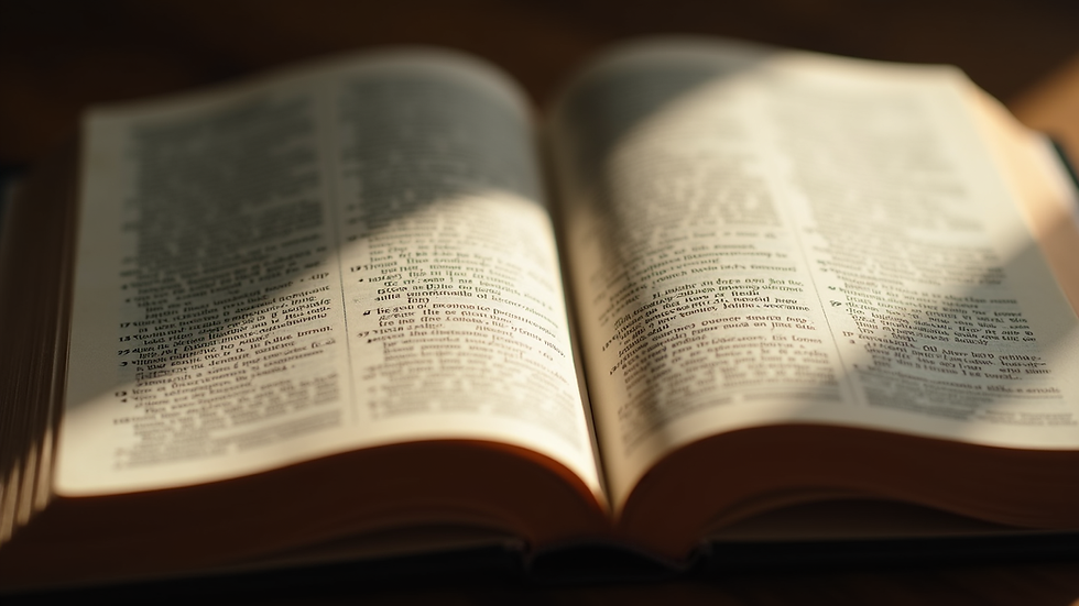 Close-up view of an open Bible with a soft light shining on the pages