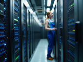 Technician setting up network hardware in server room