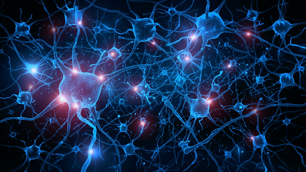 A highly detailed, glowing blue digital illustration of neurons interconnected in a complex neural network. The image showcases nerve cells with branching dendrites and synapses, with bright electrical impulses highlighting communication between them. The dark background enhances the futuristic and scientific feel of the visualization