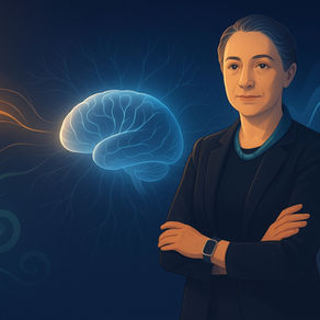 Digital illustration of a professional woman scientist standing confidently with folded arms beside a glowing blue brain. The background features elegant, abstract neural pathways in deep blue and purple tones, with soft orange and teal sensory waves flowing toward the brain. The woman wears a dark blazer and teal necklace, bathed in ambient light that reflects the brain’s glow, symbolizing intellect, focus, and the beauty of cognitive processing.