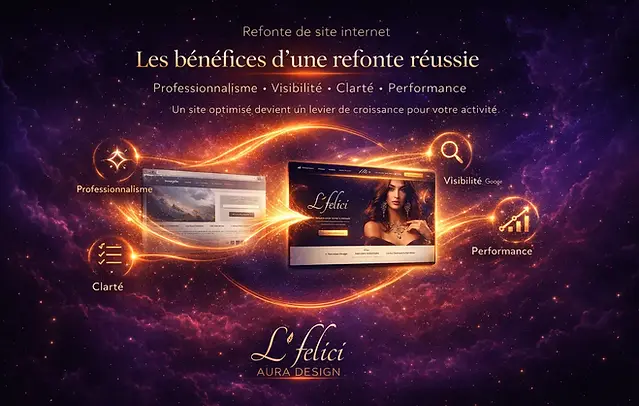 lfeliciauradesign.com
Deux écrans reliés par des flux lumineux illustrant les bénéfices d’une refonte : professionnalisme, clarté, visibilité et performance
