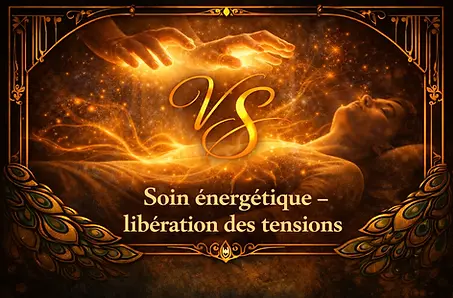 Mains entourées d’étincelles dorées diffusant de l’énergie, logo VS et décor orné