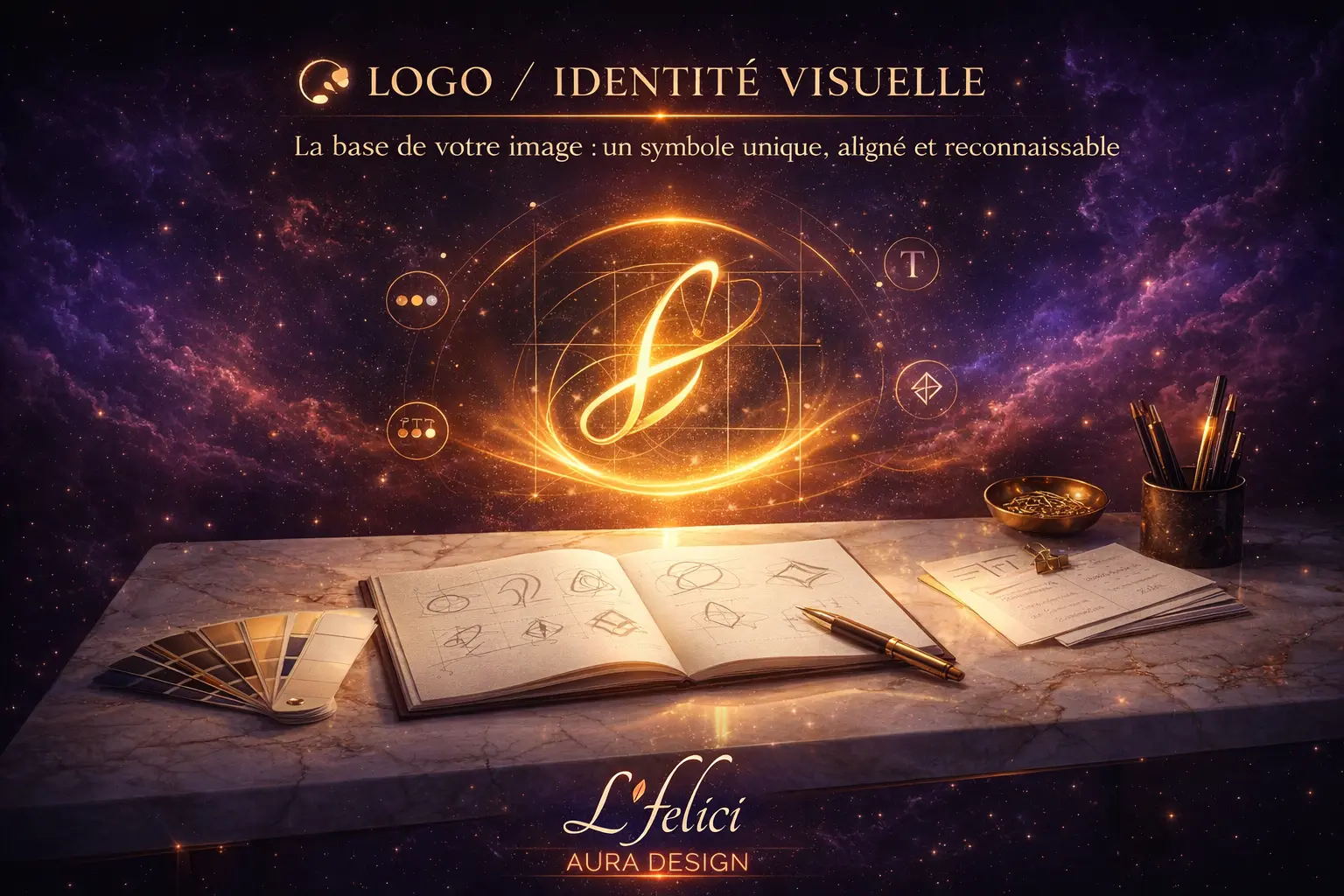 Cahier de croquis ouvert, crayon doré et lettre L lumineuse entourée de symboles graphiques sur fond cosmique