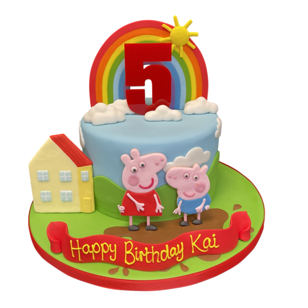 Colorful Peppa Pig and George themed cake adorned with a vibrant rainbow design, perfect for a fun-filled celebration.