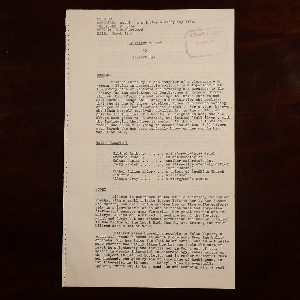 Thumbnail: Original Reader's Report for Excellent Women — Elstree Studios; Barbara Pym
