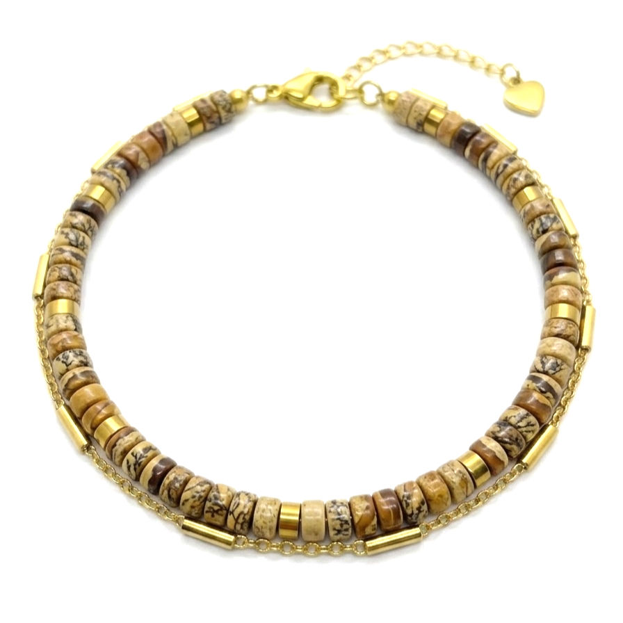 Bracelet Double rang Jaspe & Chaine jaseron acier