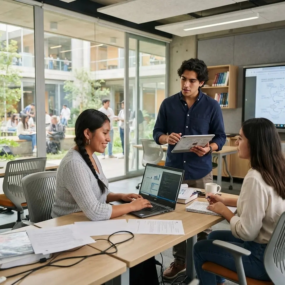 Studio photography of three university students collaborating on a group project around a laptop in a bright, modern campus study room. Students are engaged and working diligently with paper and digital resources.